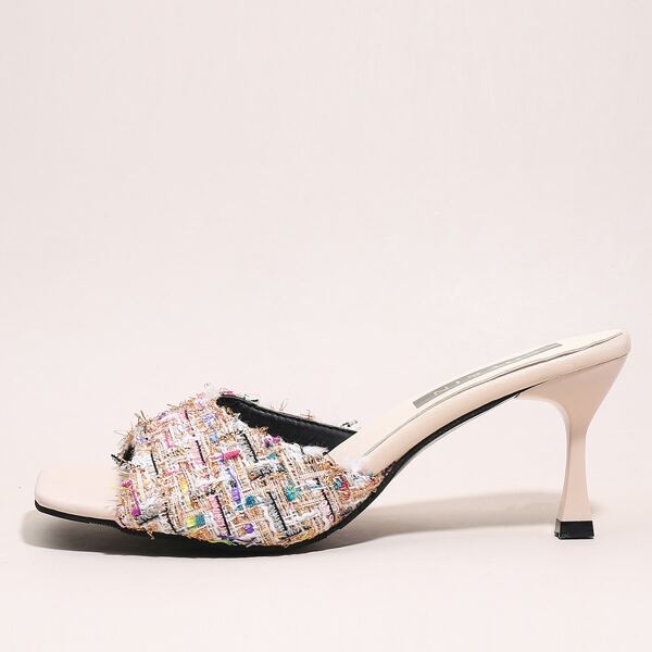 

Open Toe Tweed Heeled Mules, Beige