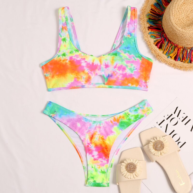 

Tie Dye Cut-out High Cut Bikini Swimsuit, Multicolor