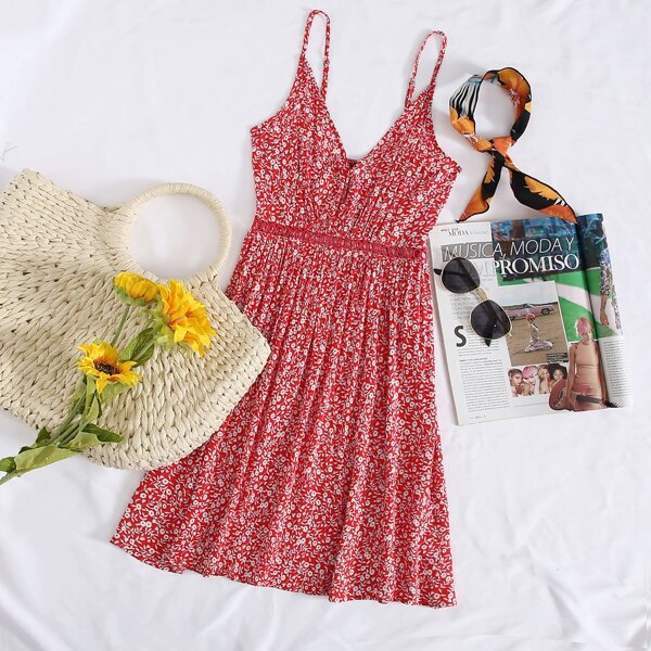

Button Front Lace Insert Ditsy Floral Cami Dress, Red