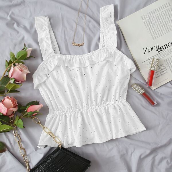 

Ruffle Trim Eyelet Embroidery Peplum Top, White