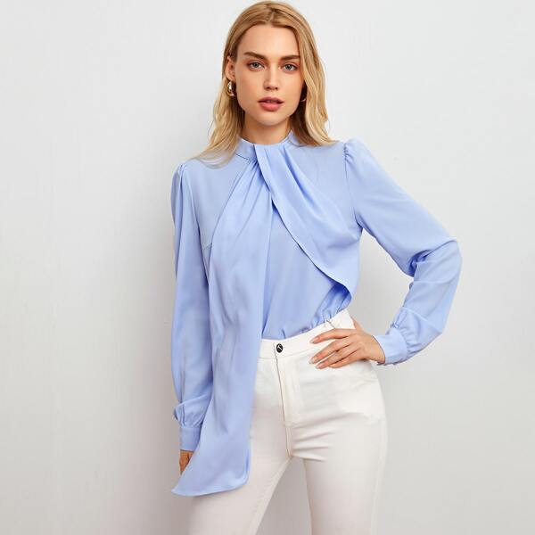 

Mock-Neck Draped Front Top, Pastel baby blue