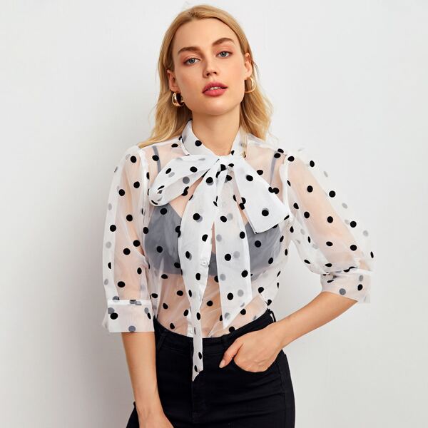 

Tie Neck Polka Dot Flocked Organza Top Without Bra, White