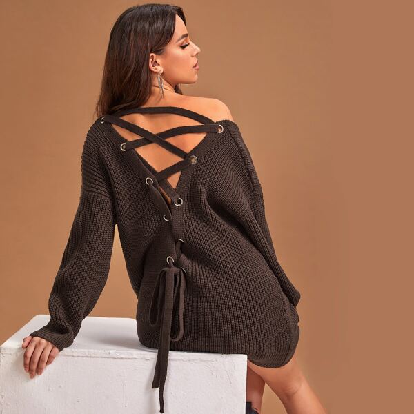 

Drop Shoulder Lace Up Sweater, Chocolate brown