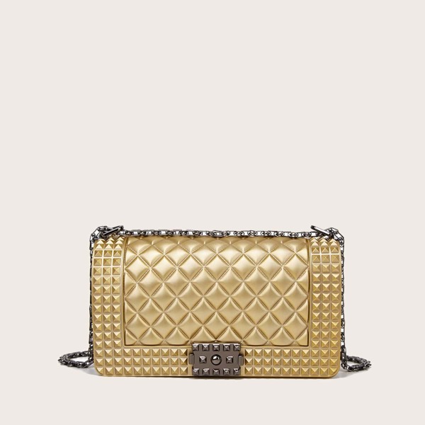 

Spiked Decor Quilted Chain Crossbody Bag, Yellow