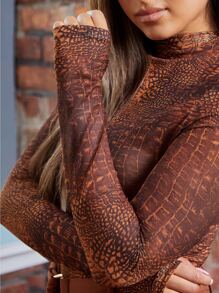 SHEIN Mock Neck Thumb Hole Crocodile Mesh Sheer Top Without Bra - Multicolor - View 5