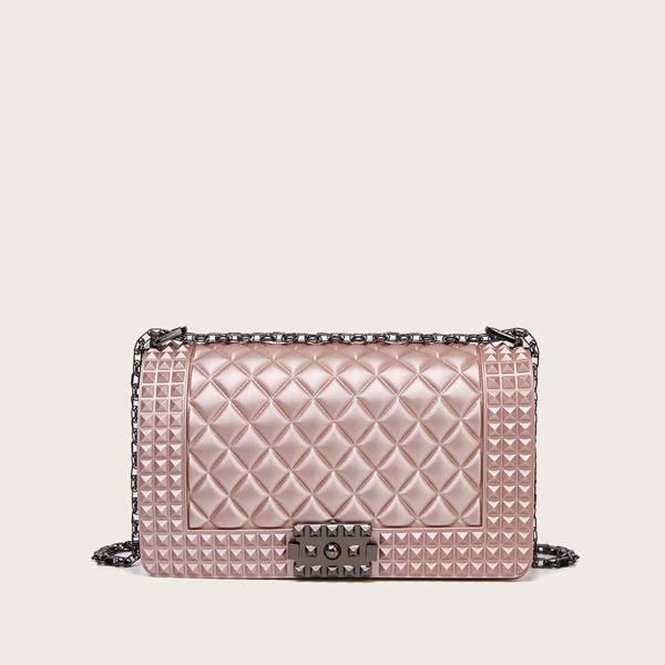 

Spiked Decor Quilted Chain Crossbody Bag, Pink