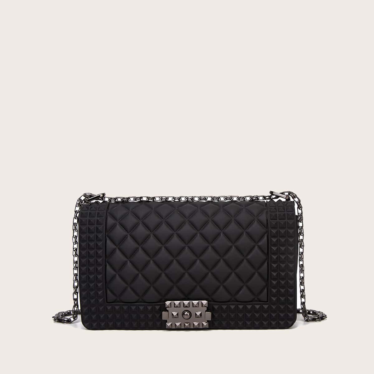 

Spiked Decor Quilted Chain Crossbody Bag, Black