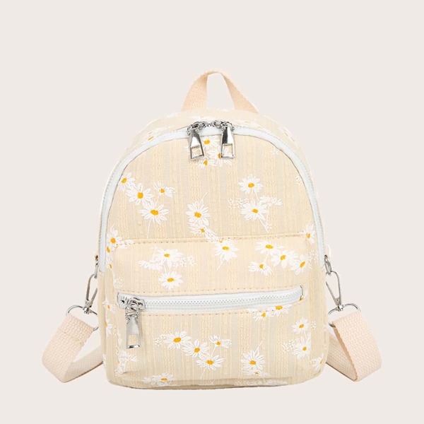 

Daisy Pattern Pocket Front Backpack, Beige