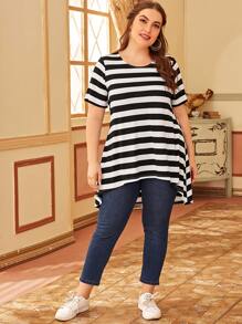 SHEIN Plus Dip Hem Striped Top - Black and White - View 5