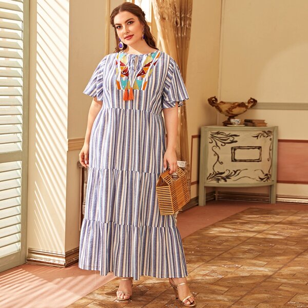 

Plus Flutter Sleeve Tie Neck Embroidery Yoke Striped Smock Dress, Multicolor