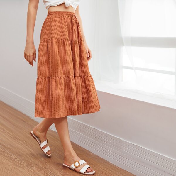 

Knot Waist Tiered Hem Textured Skirt, Brown