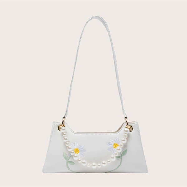 

Flower Embroidered Baguette Bag, White