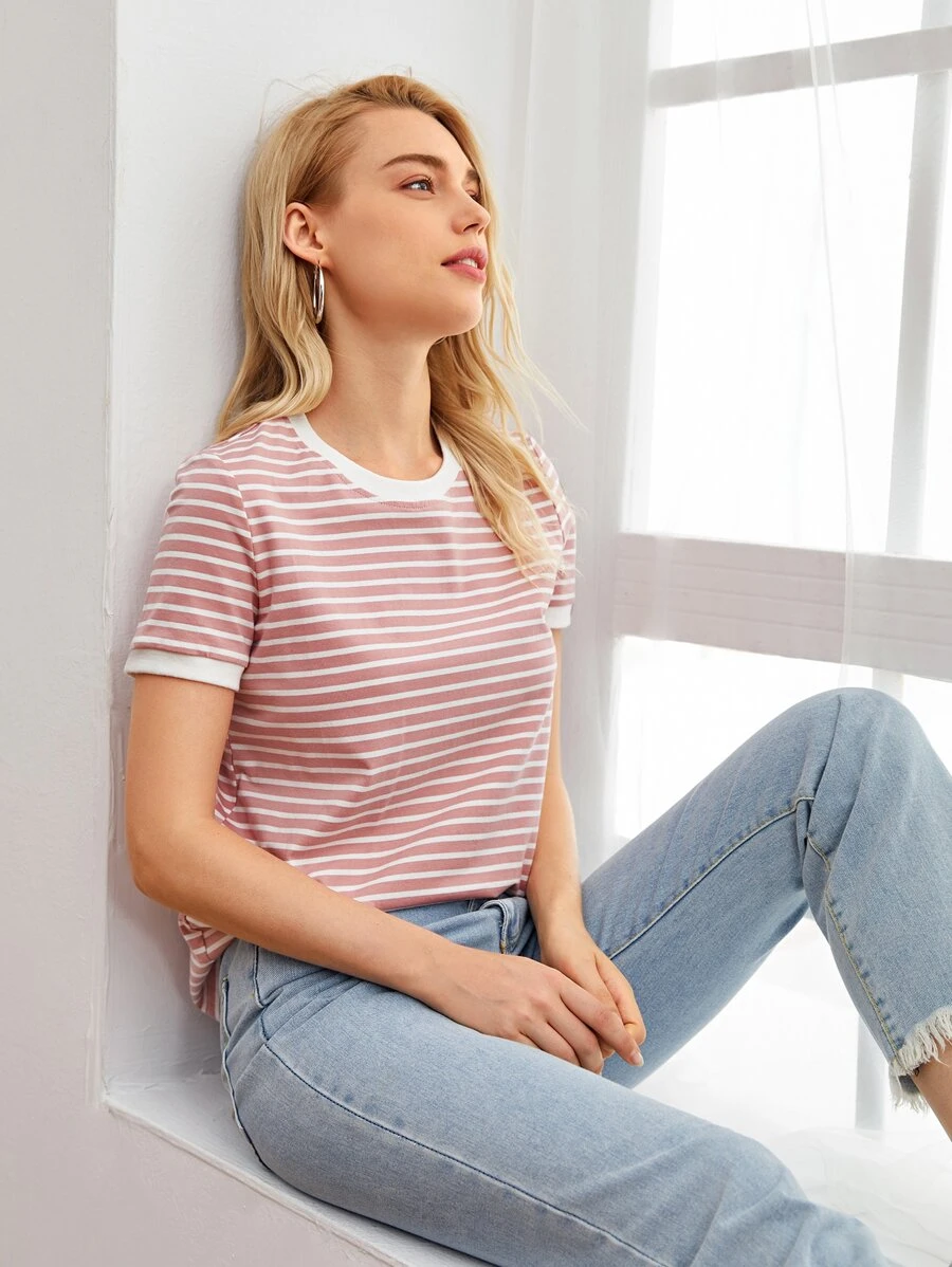SHEIN EZwear Striped Ringer Tee