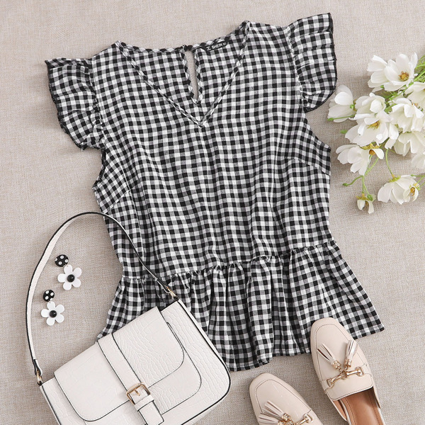 

Ruffle Armhole and Hem Buffalo Plaid Top, Black and white