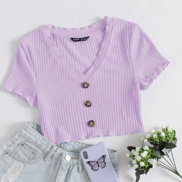 

Button Front Lettuce Trim Rib-knit Crop Top, Pastel lilac purple