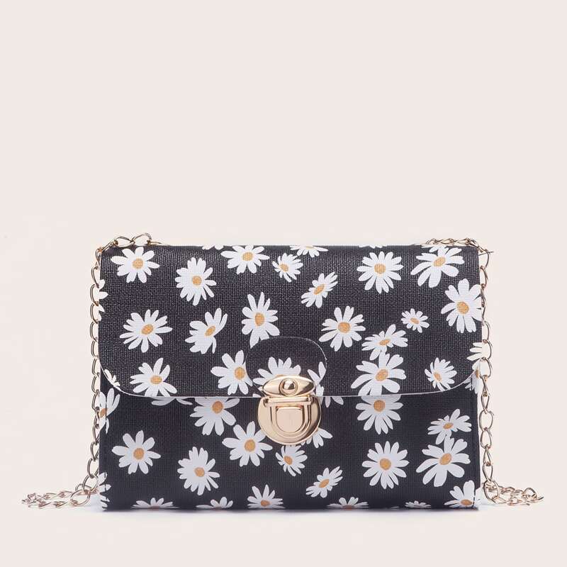 

Daisy Print Chain Crossbody Bag, Black