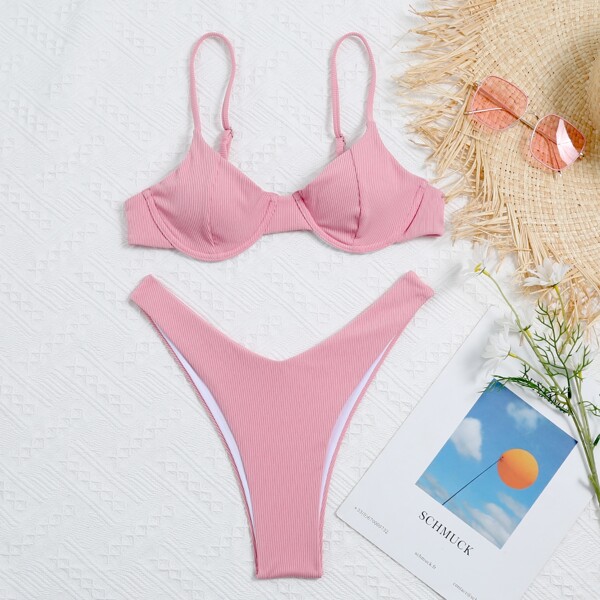 

Rib Underwire High Cut Bikini Swimsuit, Pastel baby pink