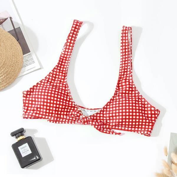 

Gingham Knot Front Bikini Top, Red and white