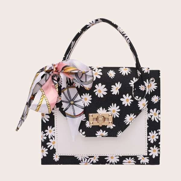 

Twilly Scarf Decor Daisy Floral Graphic Satchel Bag, Black