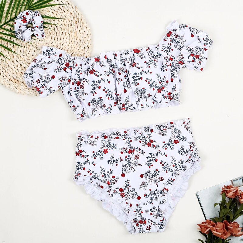 

Floral Frill Bardot Bikini Swimsuit & Scrunchie, White