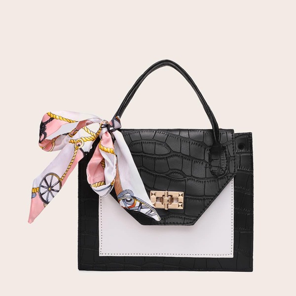 

Twilly Scarf Decor Croc Embossed Satchel Bag, Black