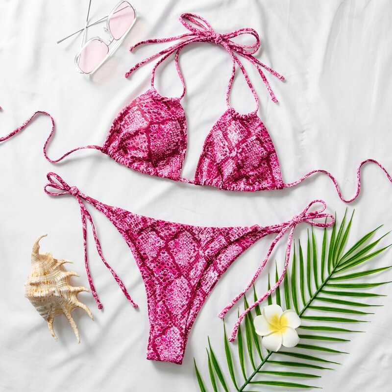 

Snakeskin Triangle Tie Side Bikini Swimsuit, Hot pink bright