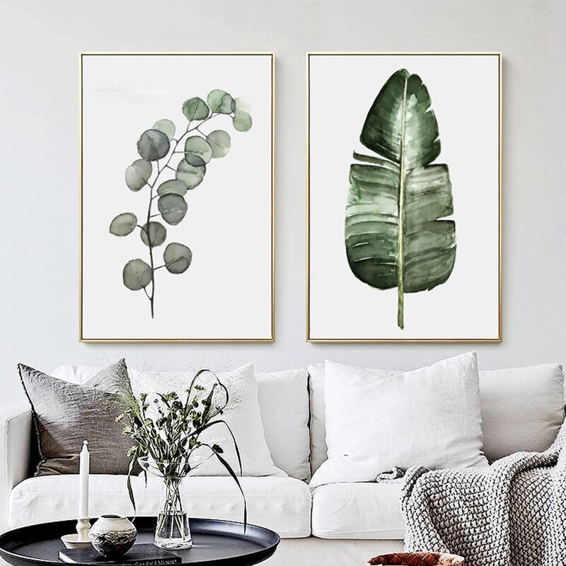 

2pcs Leaf Print Wall Painting Without Frame, Green