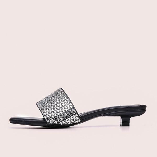 

Rhinestone Decor Kitten Heels Slide Sandals, Silver