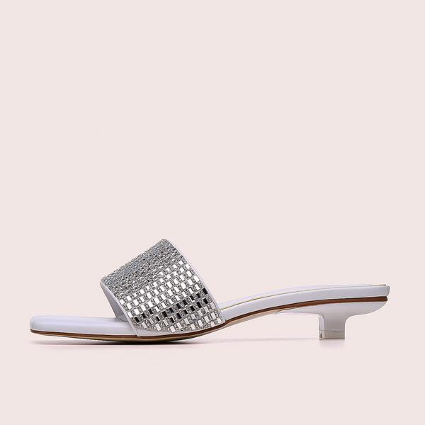 

Rhinestone Decor Kitten Heels Slide Sandals, Silver