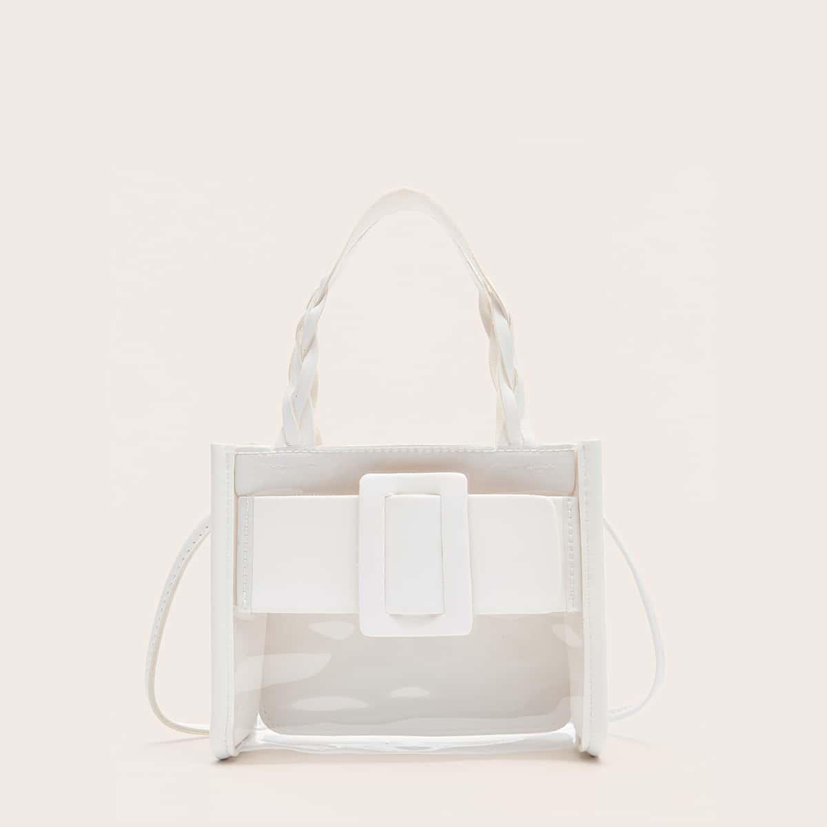 

Buckle Decor Clear Satchel Bag, White