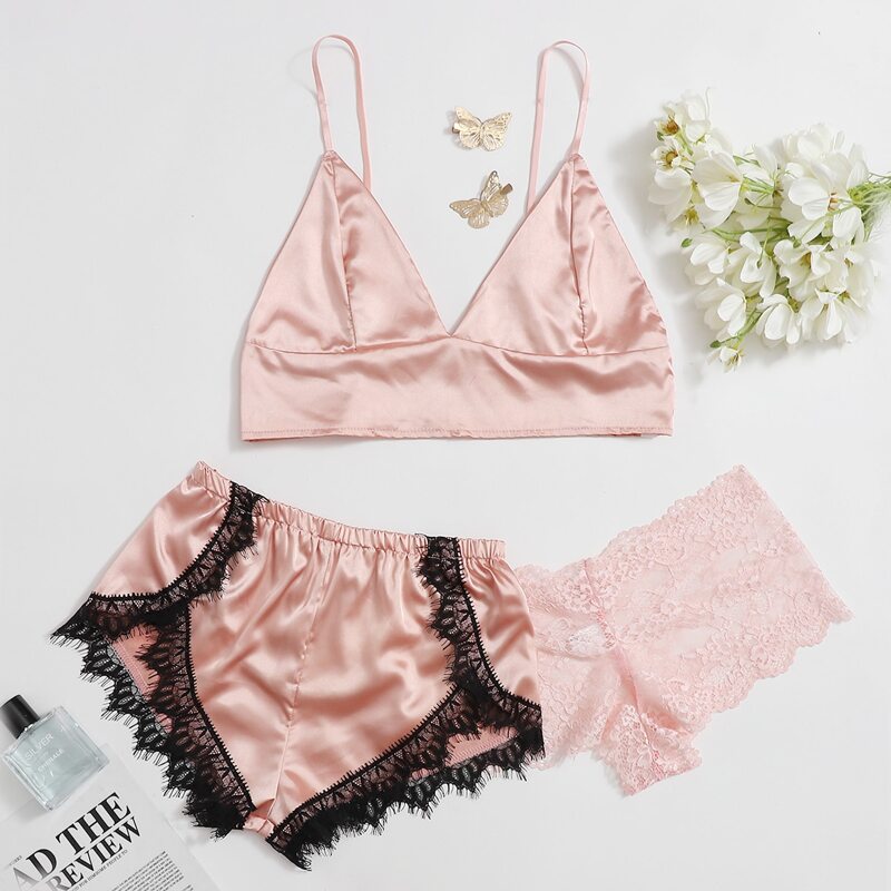 

3pack Contrast Lace Satin Lingerie Set, Pastel baby pink