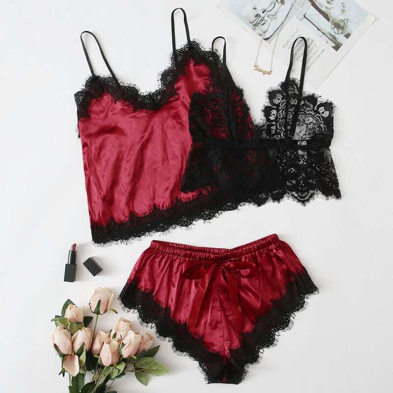 

3pack Eyelash Lace Satin Lingerie Set, Multicolor