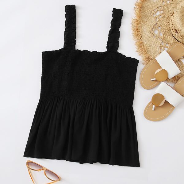 

Plus Ruffle Hem Shirred Cami Top, Black