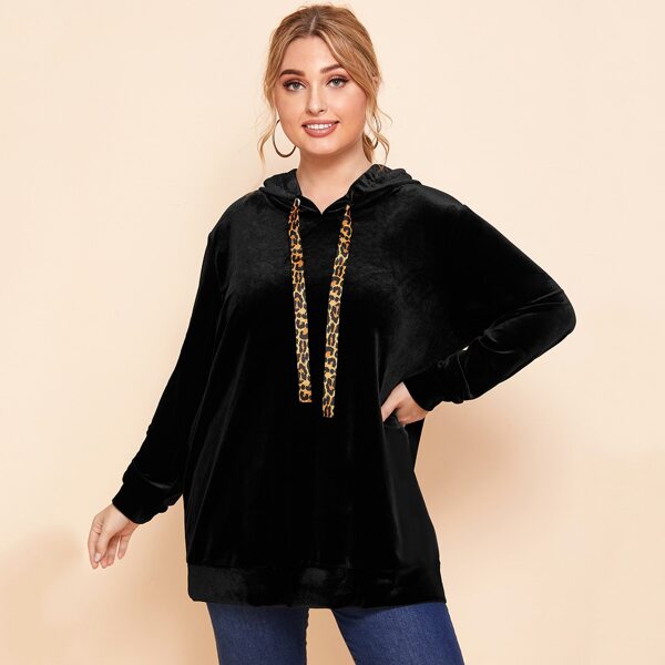 

Plus Velvet Leopard Drawstring Longline Hoodie, Black