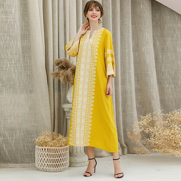 

Tribal Print Notched Neck Long Dress, Yellow