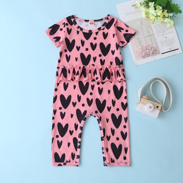 

Baby Girl Heart Print Ruffle Trim Popper Jumpsuit, Multicolor