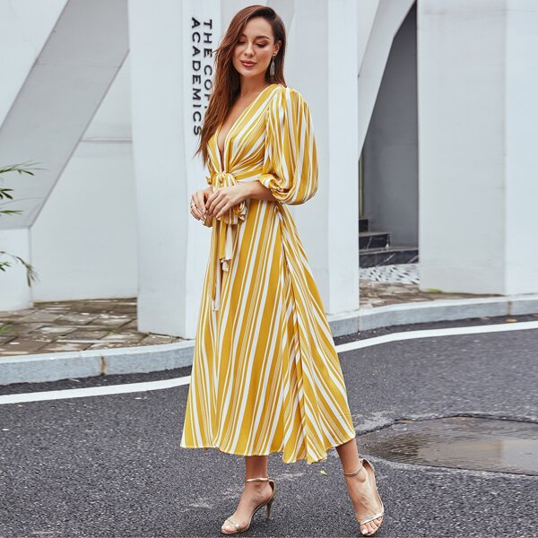 

DKRX Bishop Sleeve Tie Front Striped Dress, Yellow