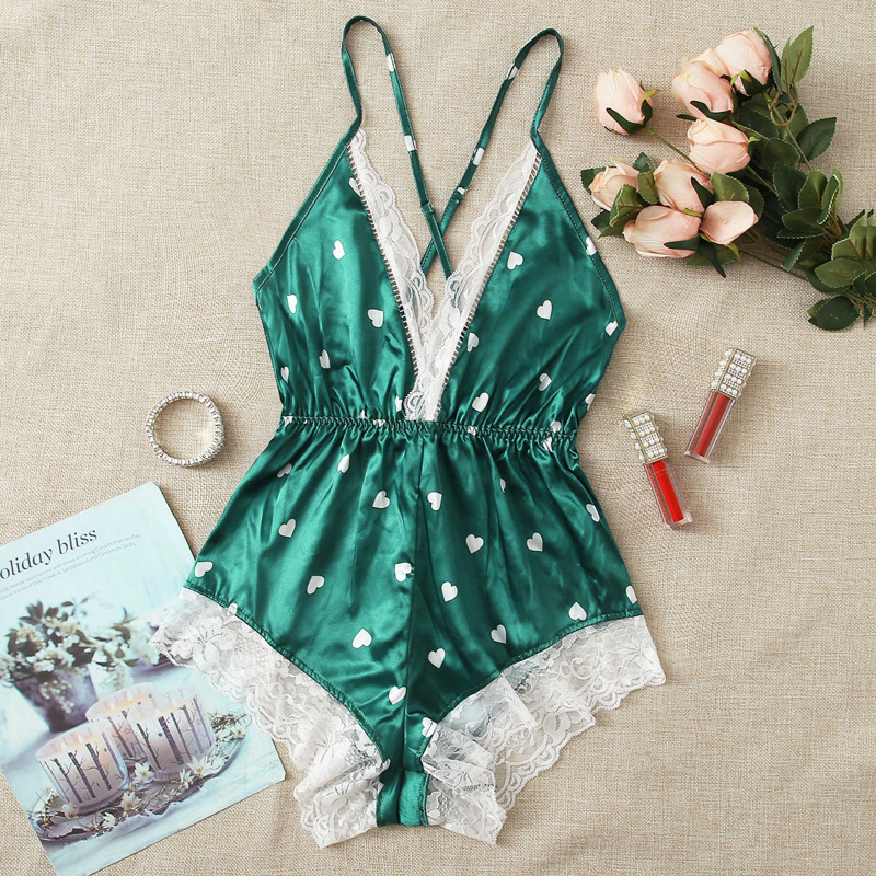 

Heart Print Lace Trim Satin Romper Bodysuit, Dark green