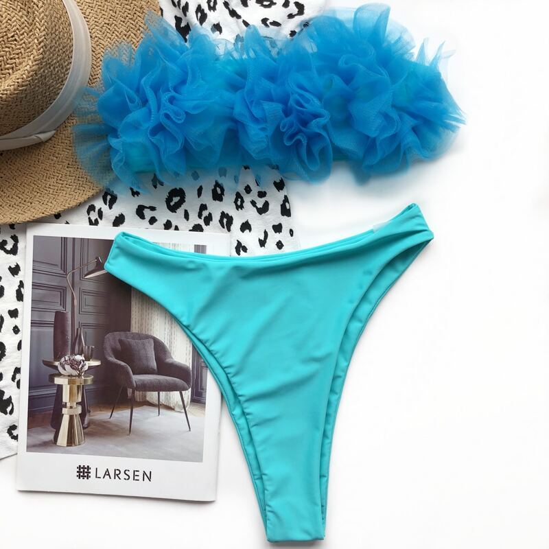 

Contrast Mesh Bandeau High Cut Bikini Swimsuit, Mint blue