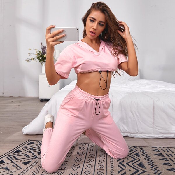 

Half Zip Hooded Crop Top With Sweatpants Lounge Set, Baby pink