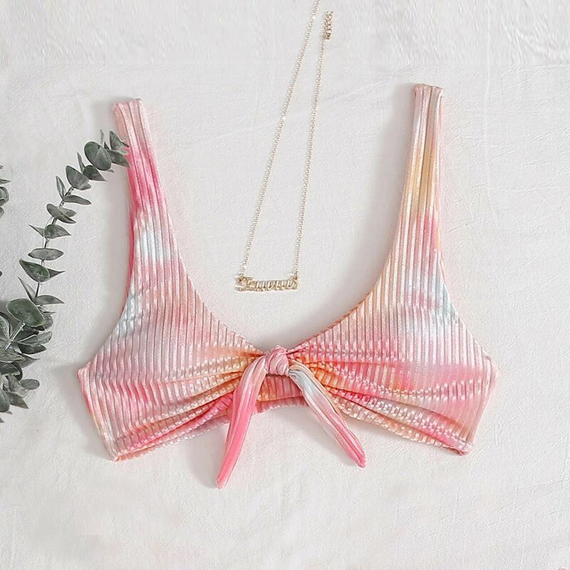 

Tie Dye Velvet Rib Knot Front Bikini Top, Multicolor