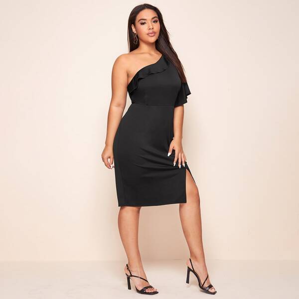 

Plus Flounce One Shoulder Flutter Sleeve Split Hem Dress, Black