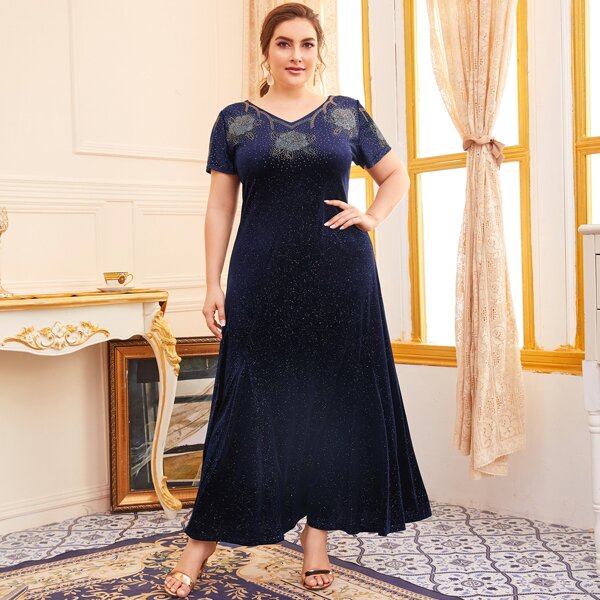 

Plus Beaded Velvet A-line Dress, Navy blue