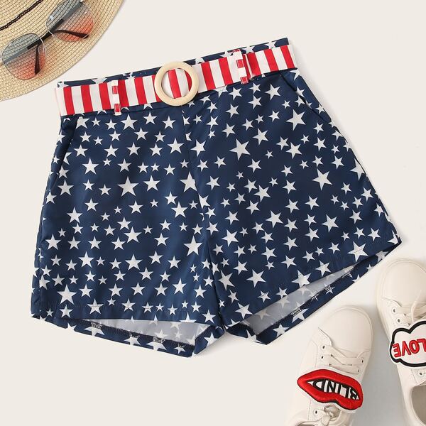 

Plus Allover Star Print Shorts & Striped O-Ring Belt, Navy blue