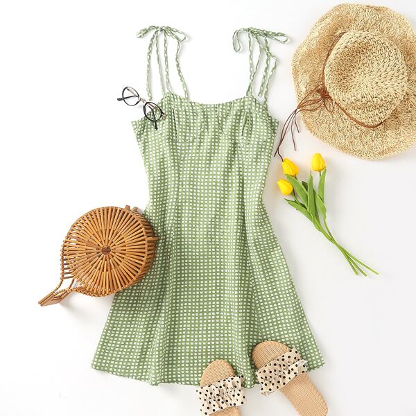 

Tie Shoulder Gingham Cami Dress, Lime green