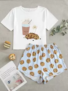 Cartoon Biscuit Graphic PJ Set / Pajama Set - Multicolor - View 1