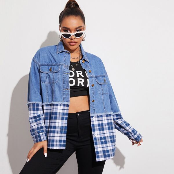 

Plus Frayed Trim Tartan Panel Mixed Media Denim Jacket, Medium wash