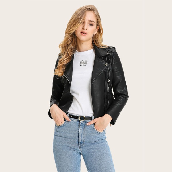 

Solid PU Leather Moto Jacket, Black