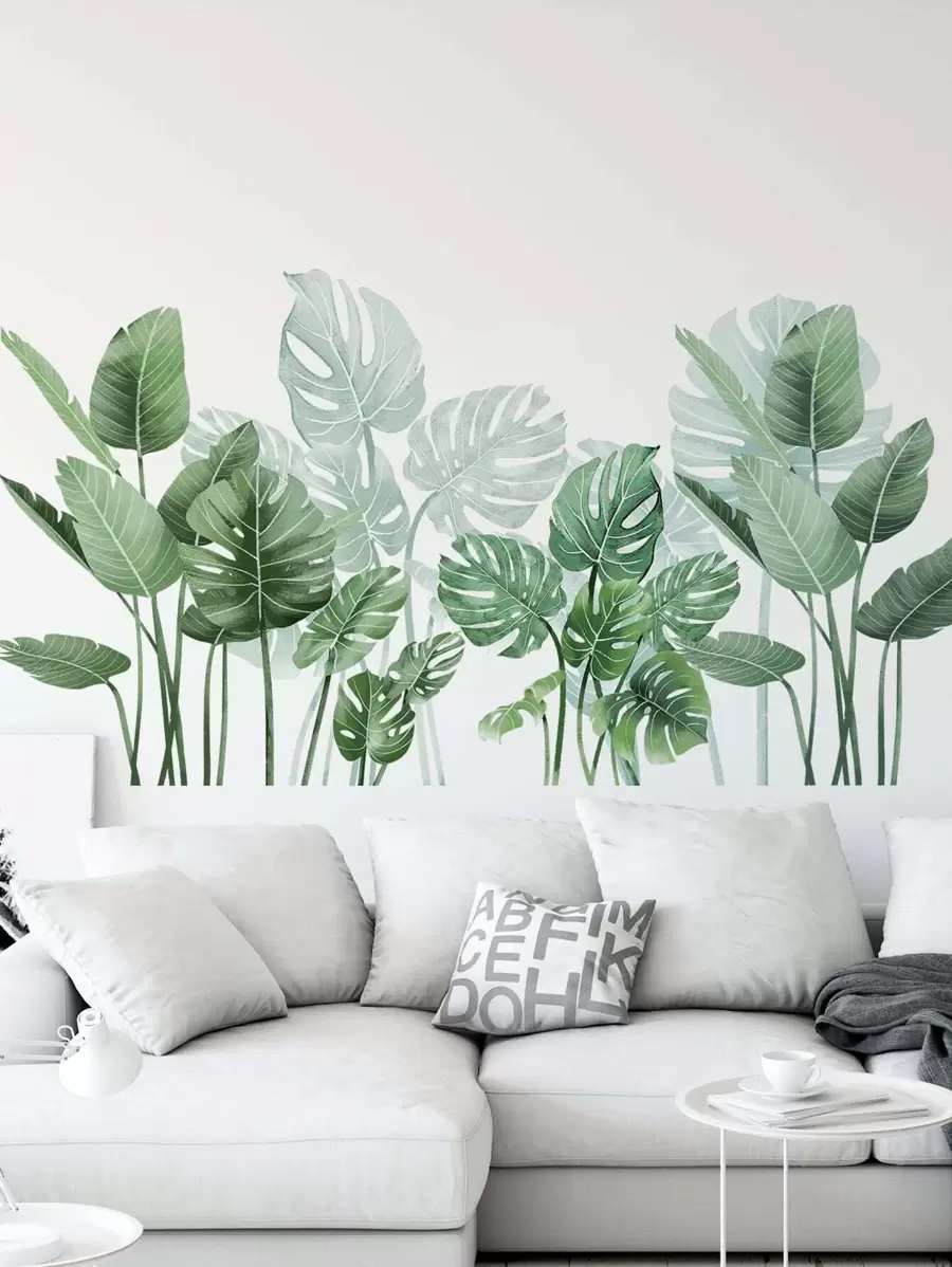 Plant Print Wall Sticker, Tropical Leaf Pattern Wall Art Decal For Home Decor, Stickers, Wall Decal, Vinyl Decal For Home Decorations, Spring Decoration Items Refresh Your Home, Rama Decoration Stickers Gifts Birthday Graduation - Green - View 1