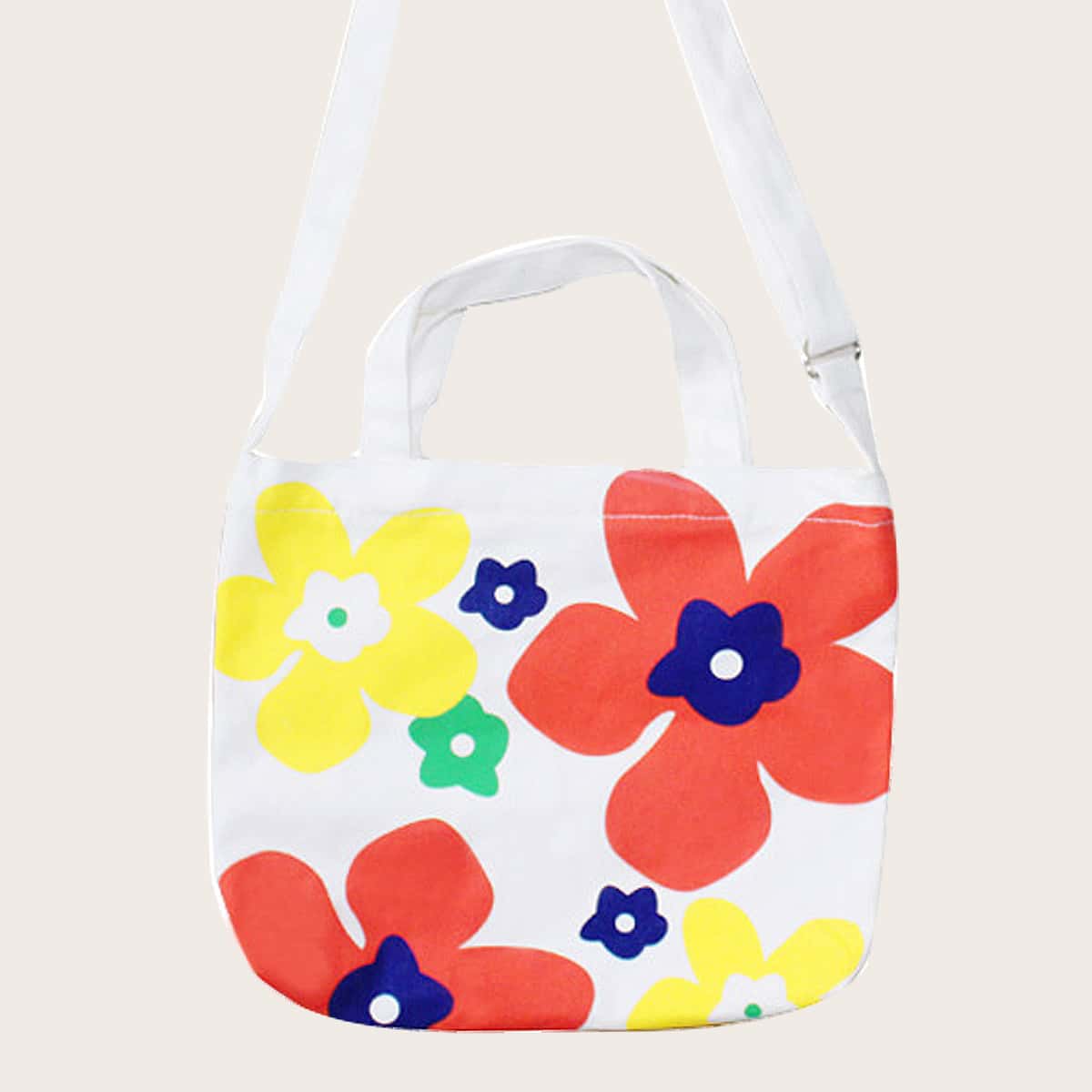 

Floral Canvas Satchel Bag, White